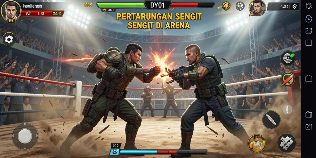 Tampilan gameplay DY01 dengan pertarungan epik dan karakter beragam.