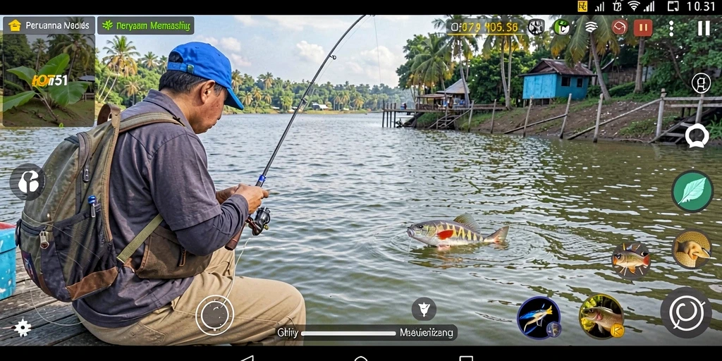 Screenshot menunjukkan gameplay memancing yang seru di HOT51.