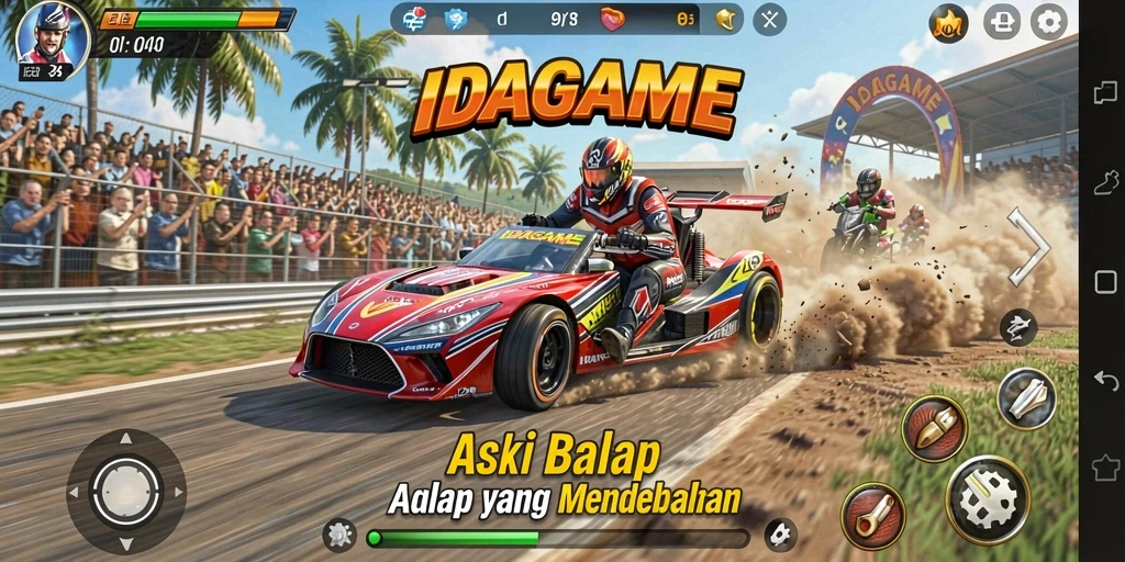 Tangkapan layar gameplay IDAGAME yang penuh aksi balap.