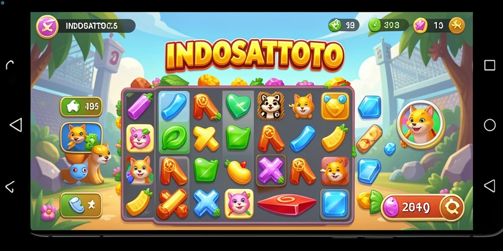 Screenshot menampilkan gameplay seru dari INDOSATTOTO dengan elemen Match-3 yang berwarna-warni.