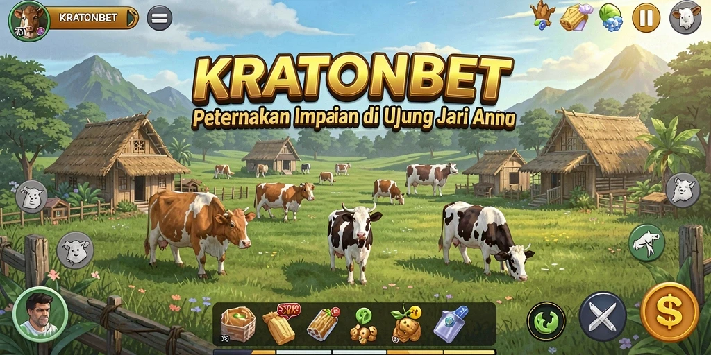 Screenshot KRATONBET menampilkan kebun indah dan aktivitas bertani.