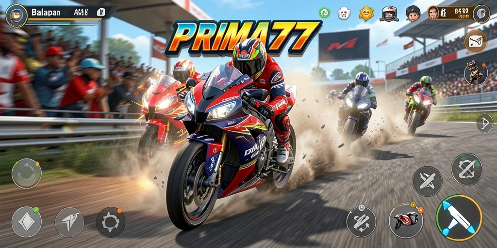 Screenshot PRIMA77 menampilkan aksi balapan motor yang mendebarkan.