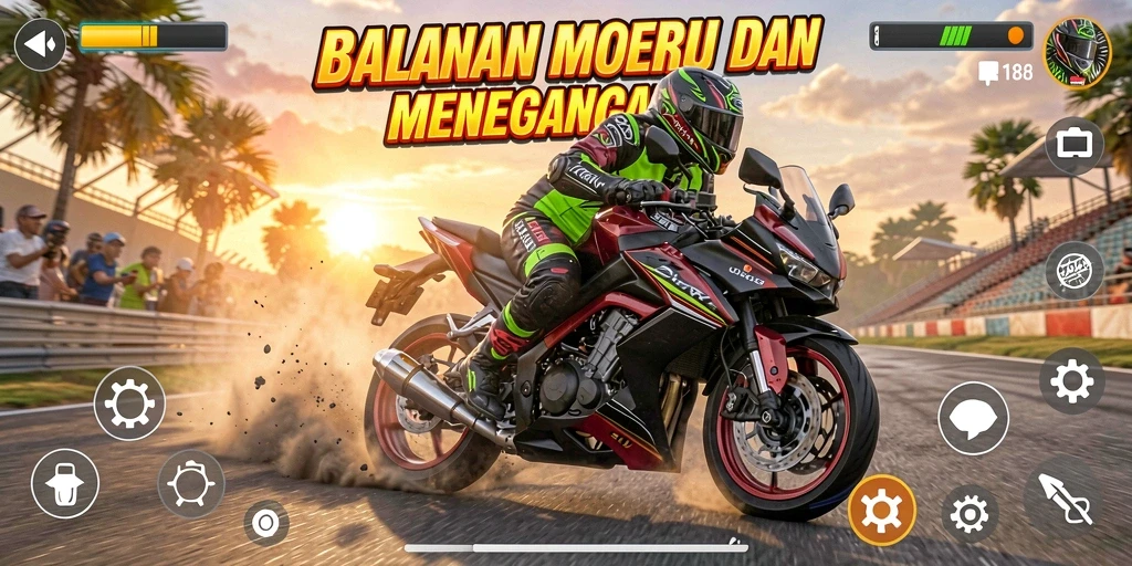 Screenshot utama RI188 menampilkan aksi balapan motor yang mendebarkan dan detail trek yang memukau.